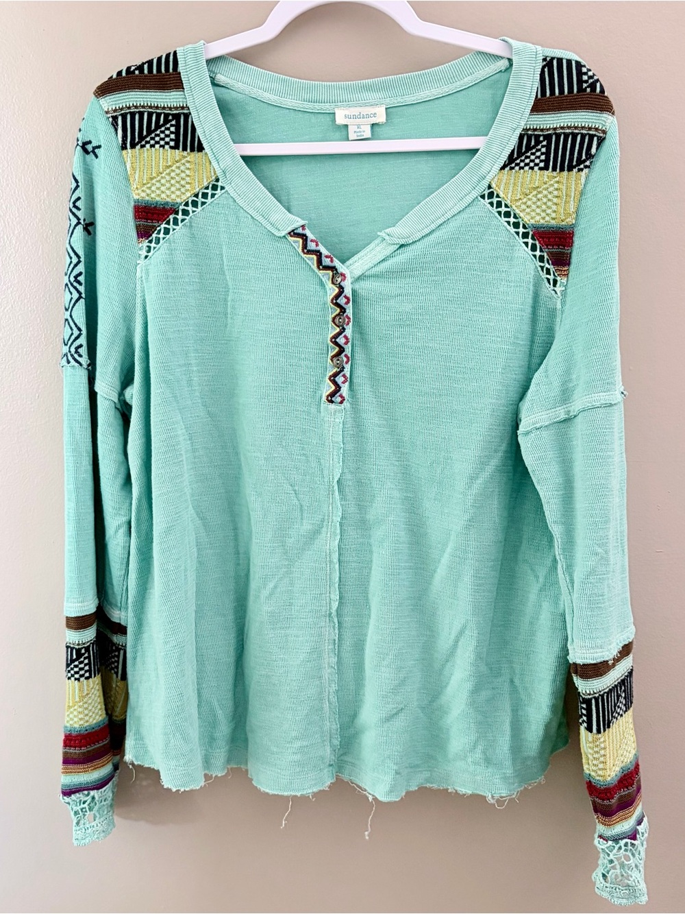 Sundance Top Womens XL Teal Thermal Henley Embroidered Pattern Knit Sleeve